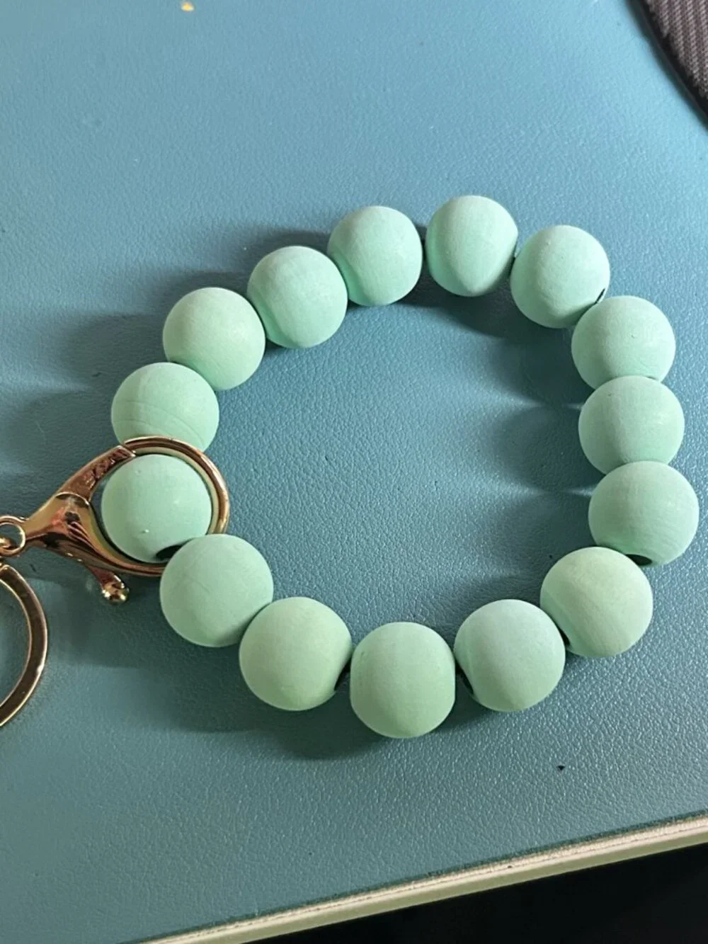 Mama Wooden Disc Tassel Keychain Mint Green Beaded Bracelet Wristlet